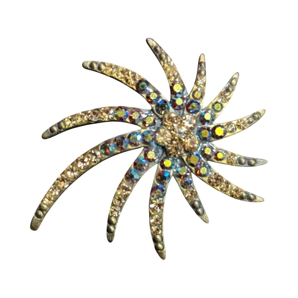 Vintage‎ Starburst Rhinestone Brooch Pin With Multi-Color Crystals 2"